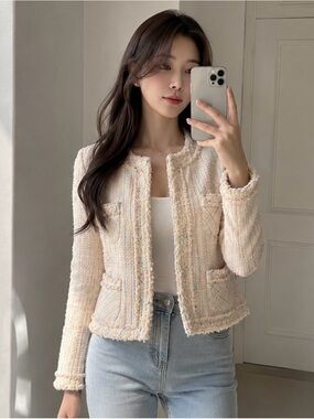 Pastel Pink Tweed Jacket with Subtle Multi-Color Flecks XS